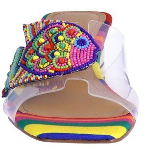 J. Renee Roline Clear Vinyl Beaded Fish Rainbow Metallic Slide Heel Sandals